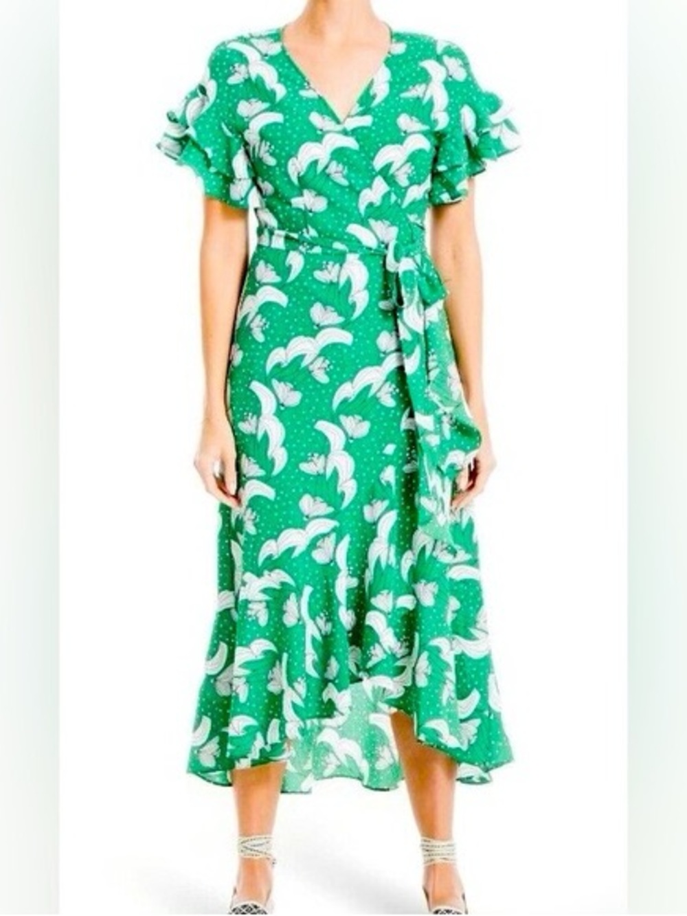 Max Studio Green Floral Wrap Dress | Size S | Ruffle Sleeve